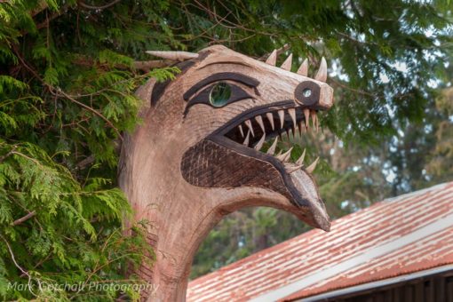 Wooden Serpent protecting a driveway in the Makah Indian Reservation