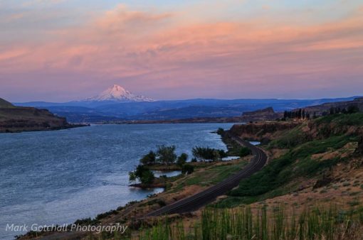 Sunrise on Mt Hood, with The Dalles, Oregon and the Columbia River in the foreground