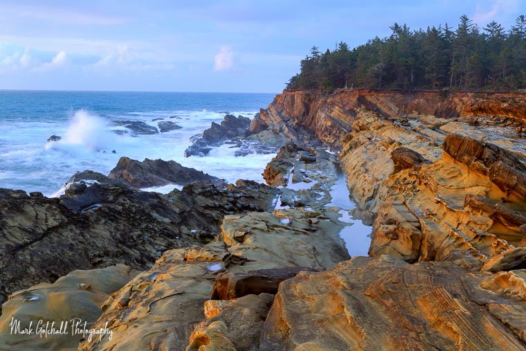 Photo of Shore Acres State Park with 6 foot waves breaking onshore.