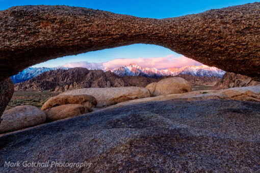 Alpen Glow on Mt Whitney, through Lathe Arch in the Alabama Hills Alpen Glow on Mt Whitney, through Lathe Arch in the Alabama Hills