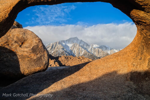 Mobius Arch frames Lone Pine Peak at sunrise Sunrise on Lone Pine Peak, framed by Mobius Arch in the Alabama Hills