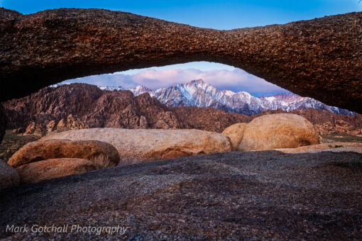 Mt Whitney through Lathe Arch, sunrise at the Alabama Hills Lone PIne Peak and Mt Whitney through Lathe Arch, sunrise at the Alabama Hills