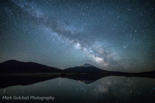Sparks over Mt Bachelor; the milky way dances and reflects in Sparks Lake Sparks over Mt Bachelor; the milky way dances and reflects in Sparks Lake