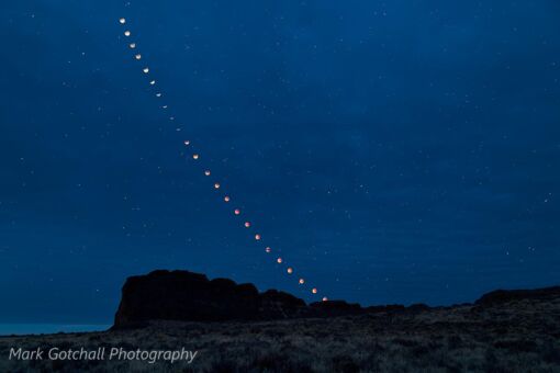 Time lapse image of the lunar eclipse, taken above Fort Rock on January 31st 2018 Time lapse image of a lunar eclipse