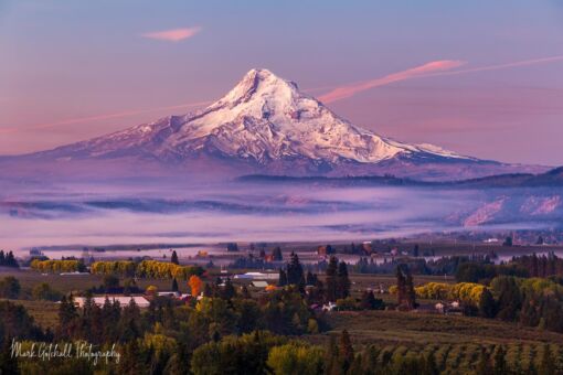 The Hood River Valley in early morning Mt Hood sits above Hood River Valley