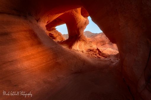 Arches in Bowl of Fire, Lake Mead National Recreation Area, Nevada Photograph of two arches in red sandstone, Lake Mead National Recreation Area, Bowl of Fire, Nevada