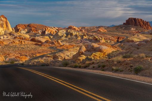White Domes Road, at Sunrise, Valley of Fire State Park Photograph of White Domes Road, looking north, Valley of Fire State Park, Nevada