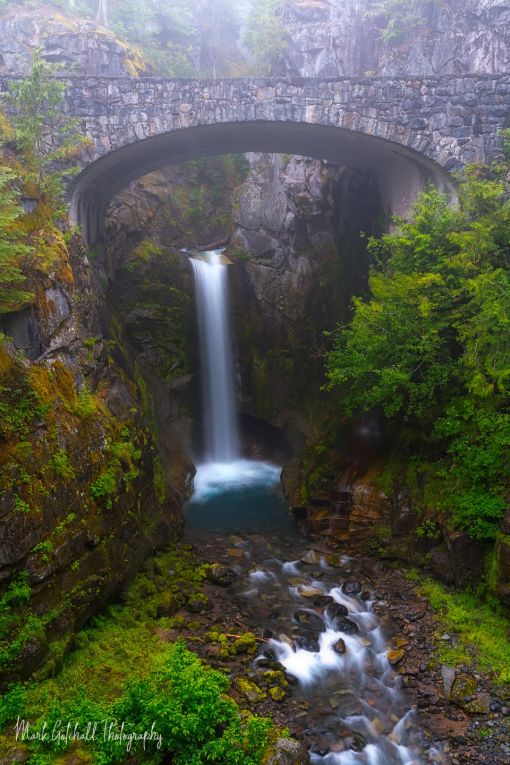 Christine Falls, photographed under the roadway, in the fog at Mt Rainier National Park