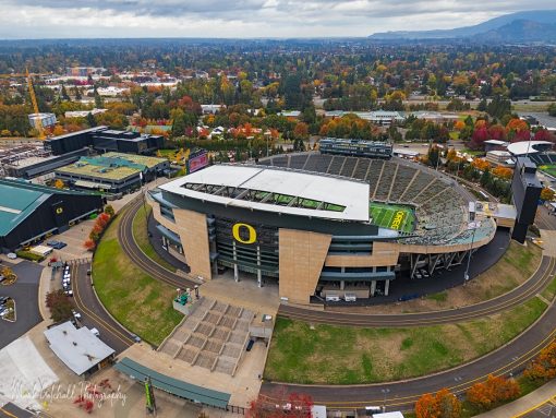 Autzen Stadium Drone photograph of Autzen Stadium in the fall.