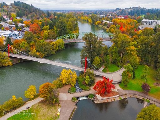 Alton Baker Park, Willamette River Drone Photograph Drone photo of Alton Baker Park, Willamette River and Ferry Street Bridge.