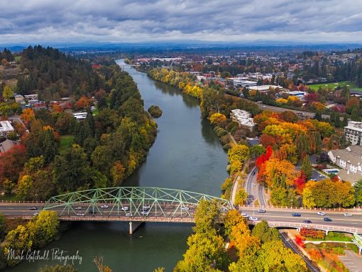 Ferry Street Bridge & Willamette River Autumn Drone photo of the Ferry Street Bridge & Willamette River, in Autumn, Eugene, Oregon