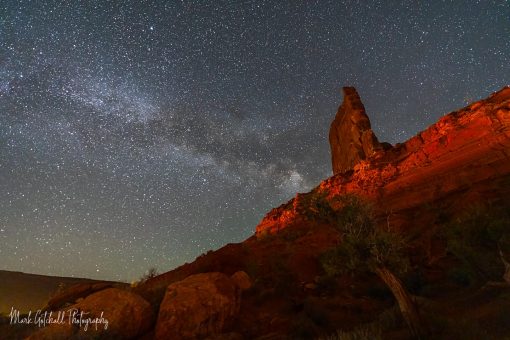 Castle Butte Milky Way with lights from a passing car. Castle Butte, Valley of the God's Utah. Milky Way shot with lights from a passing car