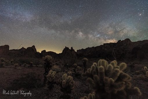 Milky Way over the Kofa Mountains Milky Way over the Kofa Mountains, Arizona, with cholla cactus in the foreground.